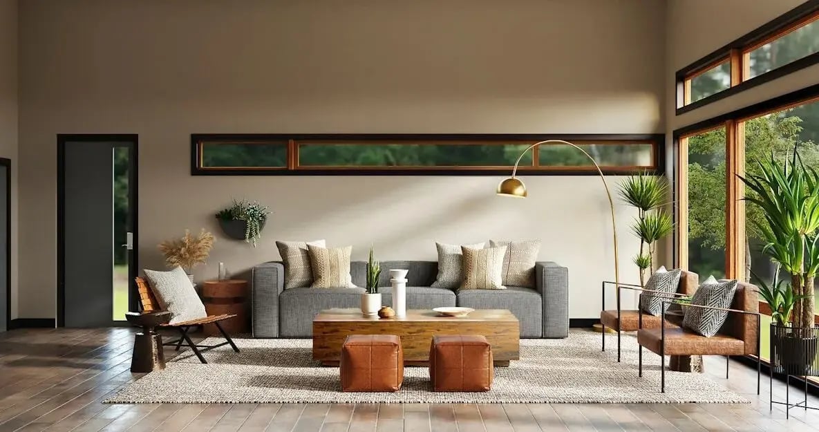 Modern grey sofa with throw cushions and two brown leather chairs on a textured area rug