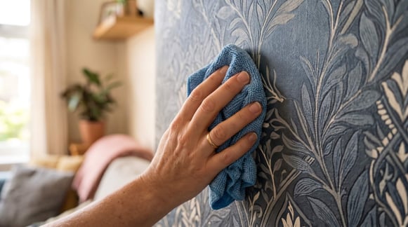 Wiping dust off water-resistant vinyl wallpaper in a home in Kathmandu
